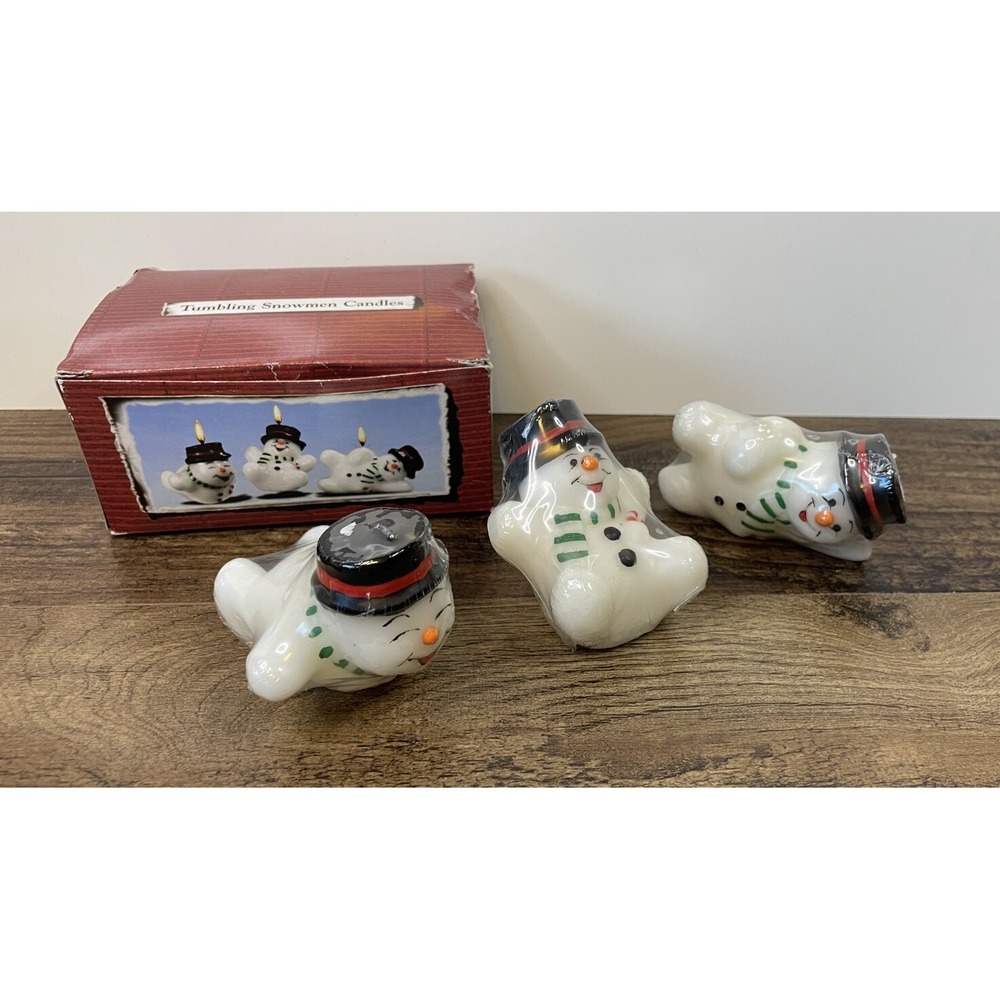 Lot Of 3 Tumbling Snowman Figural 3" Wax Candles Christmas Sliding Laying
